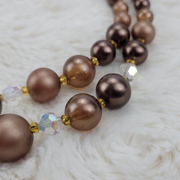 1970s Vintage Necklace with Double Strand of Brown Beads and Crystals - Picture 2 of 6